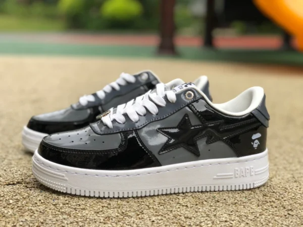 Apeman 블랙 그레이 페이턴트 가죽 새 버전 BAPE STA SK8 새로운 운동화 스타 캐주얼 신발 Apeman 로우탑 운동화