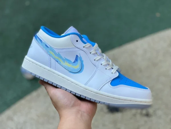 aj1 흰색 파란색 손으로 그린 후크 순수 오리지널 Air Jordan 1 Low AJ1 흰색 파란색 로우탑 복고 농구화 FJ7219-441