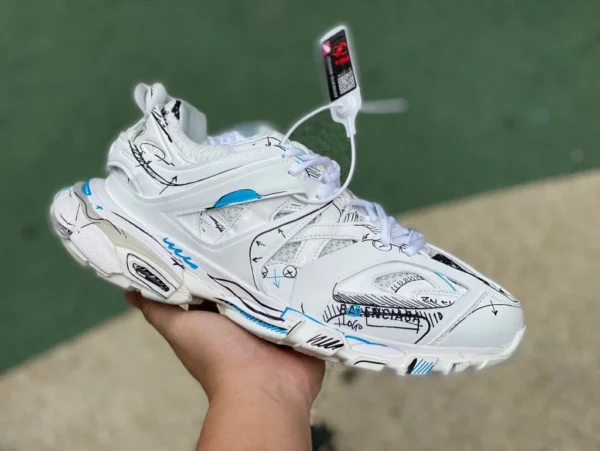 Balenciaga 1.0 그래피티 화이트 블루 M 퓨어 오리지널 Balenciaga Track 1.0 Grafhti 메쉬 레이스업 로우탑 아빠 슈즈 542023W3SR