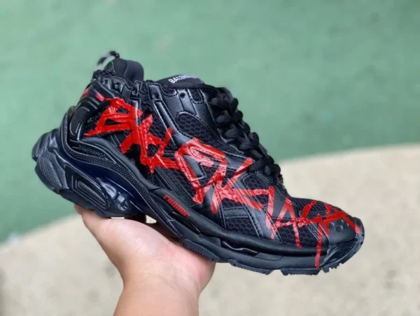 Balenciaga 7.0 블랙 레드 M 퓨어 오리지널 Balenciaga Runner Grafhti 메쉬 레이스업 로우탑 스포츠 캐주얼 슈즈 남성용 블랙 레드